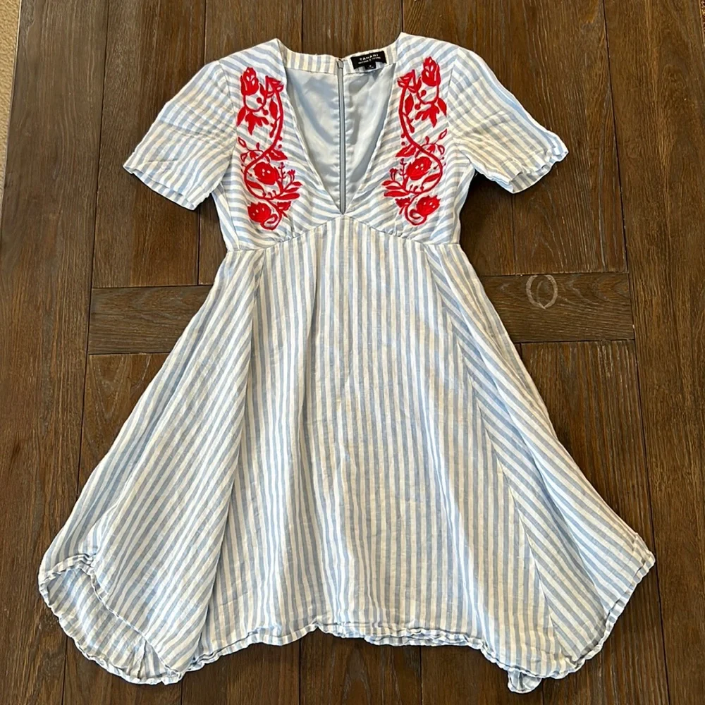 Tahari ASL Shia Sunshine State Linen Stripe Costal Floral Embroidered Dress - Picture 1 of 3